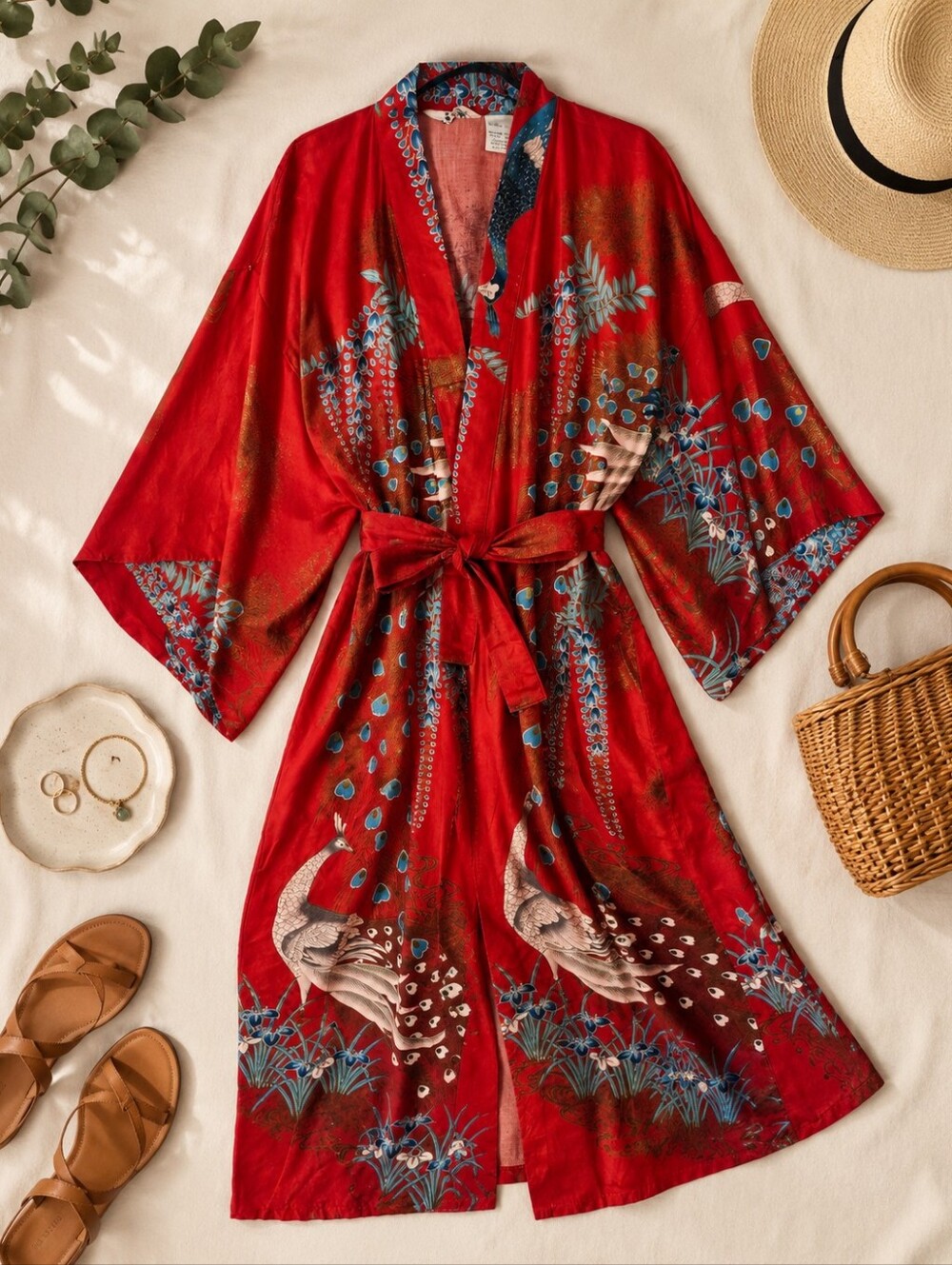 Vtg Juguemm Japanese Cotton Kimono Robe With Tie. Red Peacock Floral. Sm/med